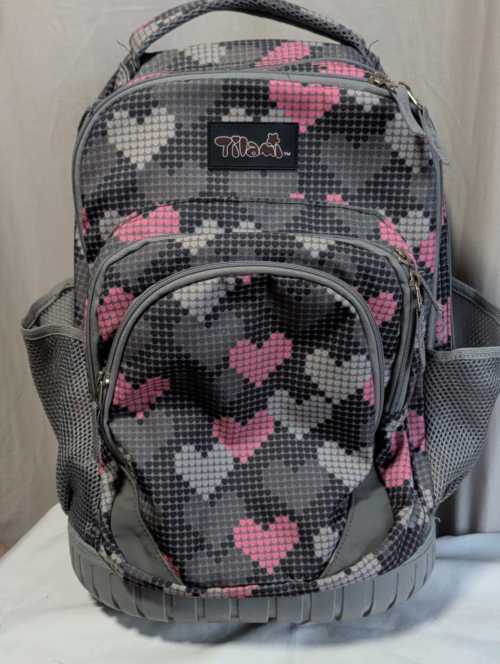 Titan Girls Gray & Pink Heart Print Backpack With Wheels And Pull Handle